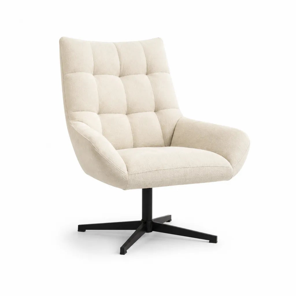 Poltrona girevole imbottita in poliestere boucle crema con base a stella nera 76 x 82 x 98 cm