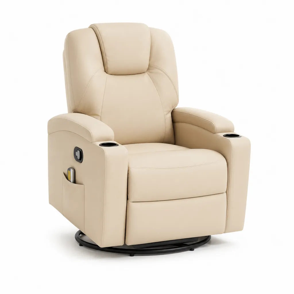 Poltrona reclinabile elettrica girevole in pelle PU beige con portabicchieri 85 x 95 x 105 cm