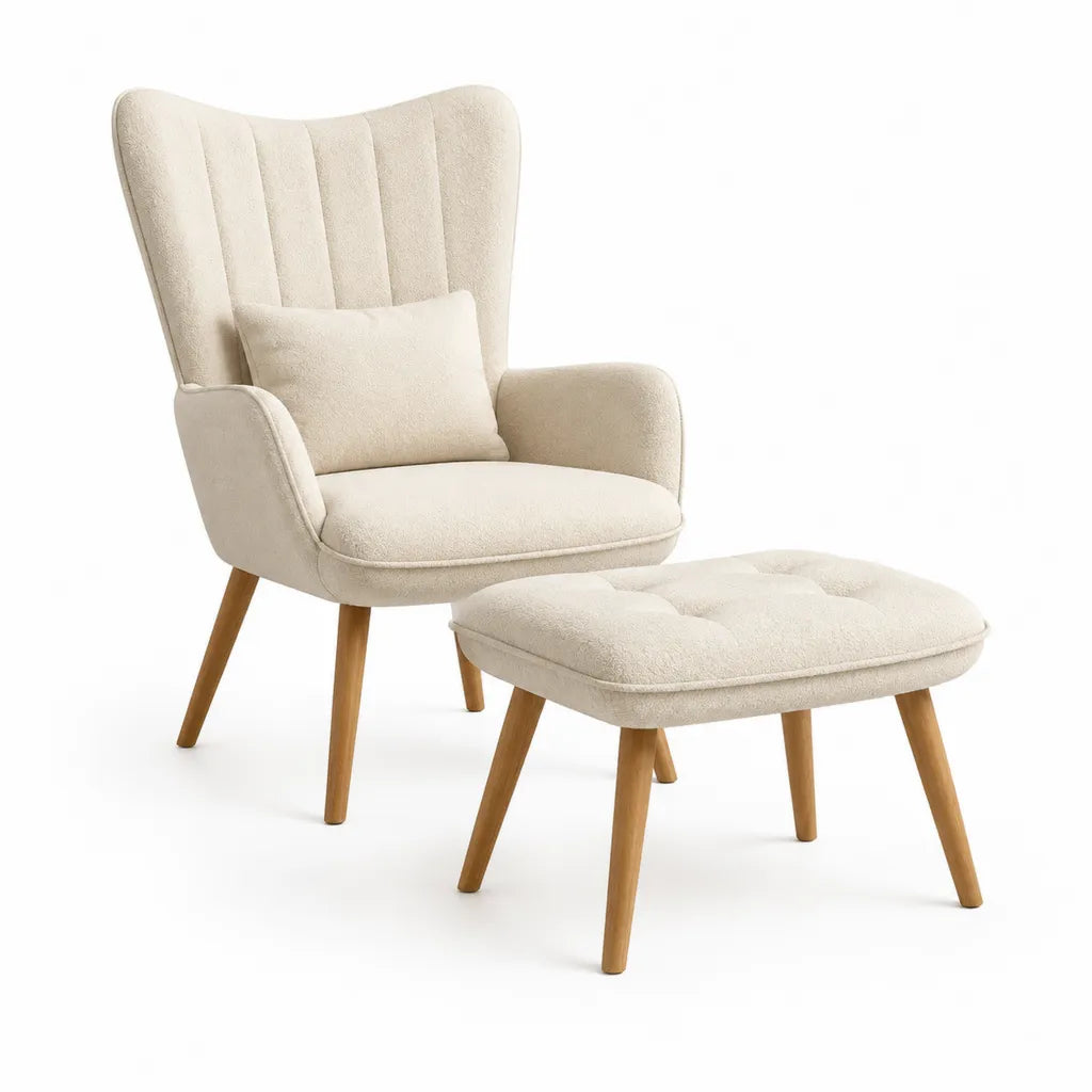 Poltrona relax con poggiapiedi in poliestere boucle crema schienale alto 72 x 84 x 103 cm