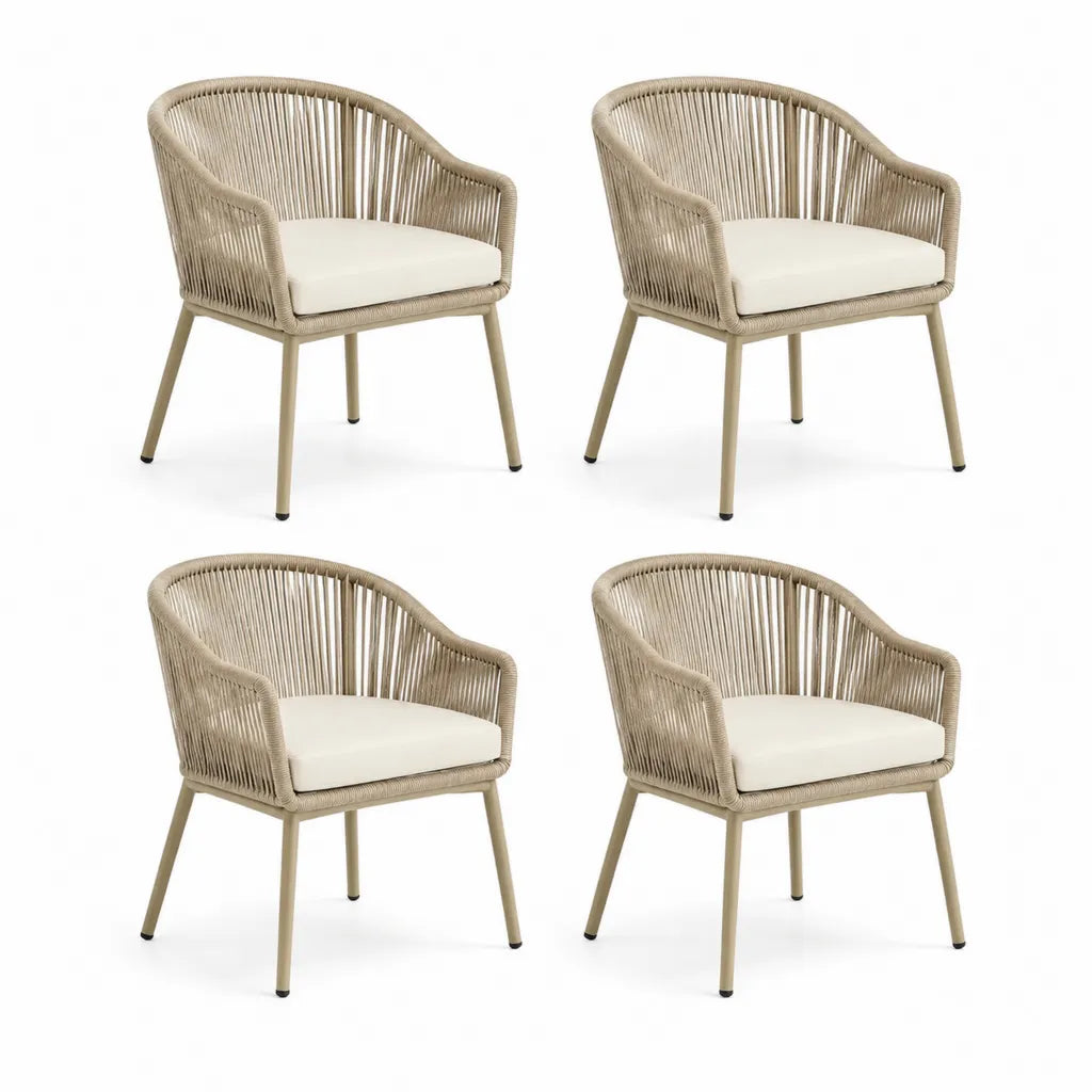 Set 4 sedie da giardino con braccioli in corda PE beige e alluminio 58 x 60 x 78 cm