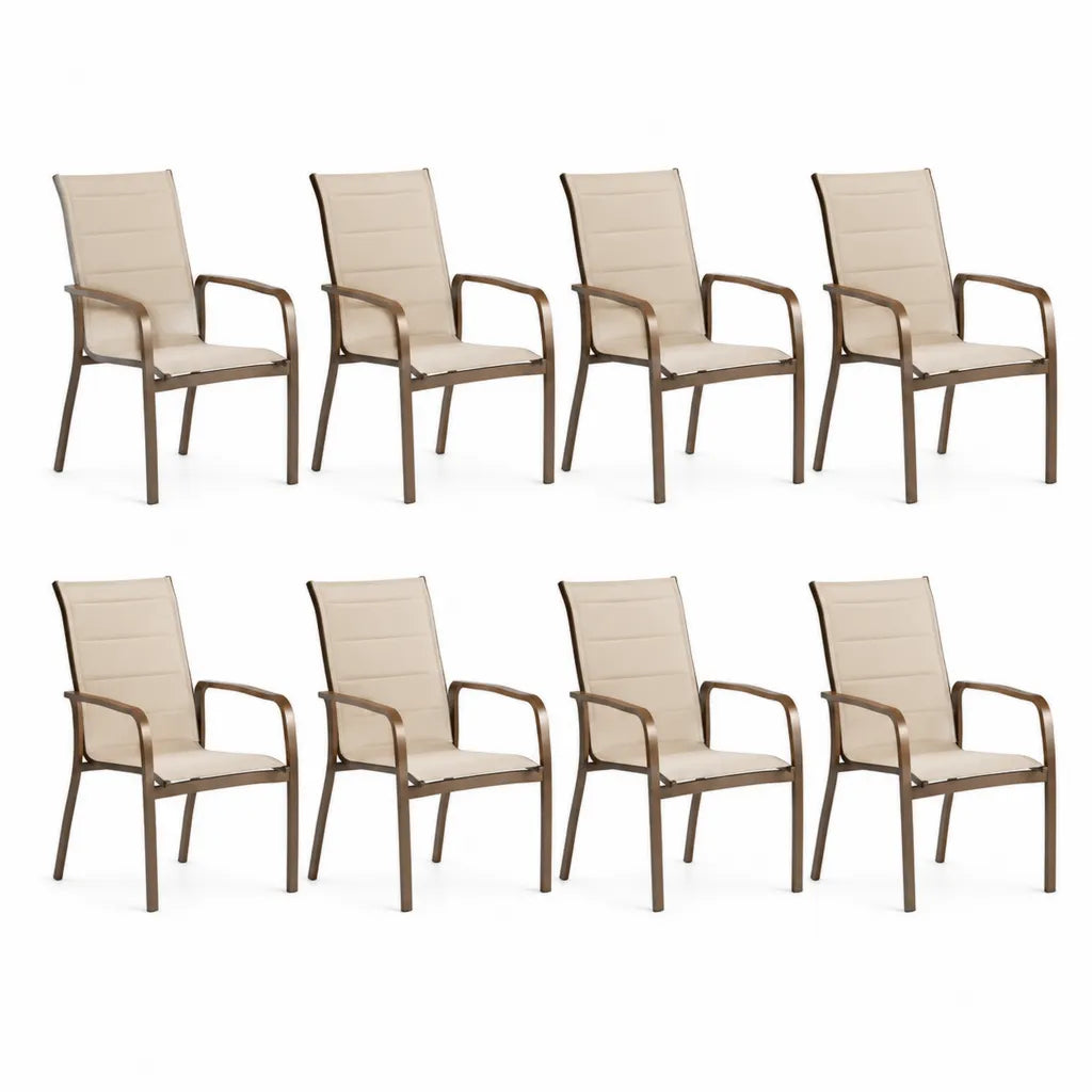 Set 8 sedie da giardino impilabili con braccioli 55 x 65 x 89 cm acciaio verniciato a polvere e textilene beige marrone
