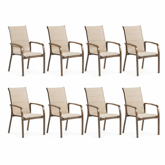 Set 8 sedie da giardino impilabili con braccioli 55 x 65 x 89 cm acciaio verniciato a polvere e textilene beige marrone