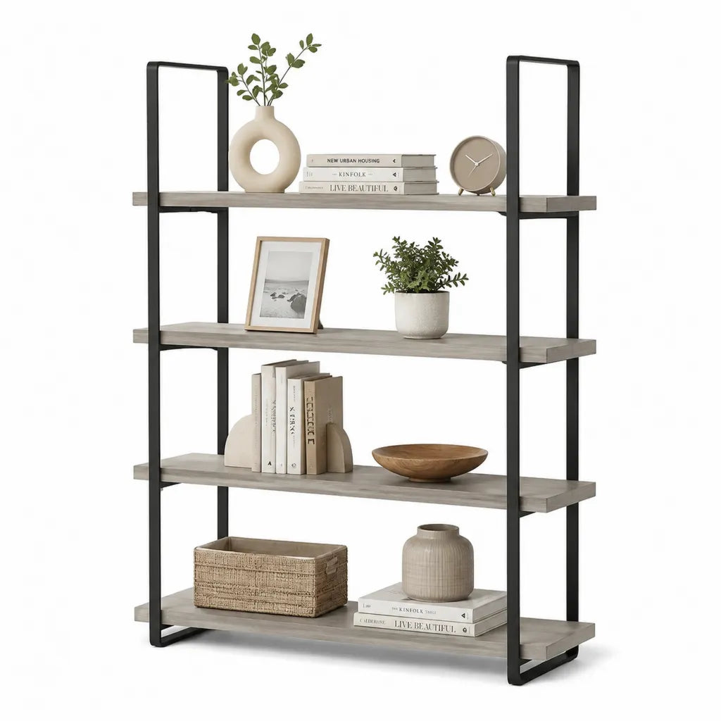 Libreria scaffale a 4 ripiani in MDF e acciaio nero effetto rovere 120 x 35 x 150 cm
