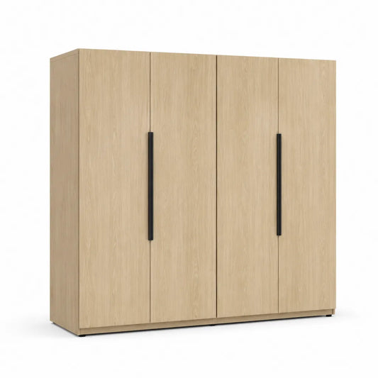 Armadio guardaroba rettangolare 4 ante in pannello truciolare melaminico effetto rovere naturale e nero 200 x 60 x 200 cm