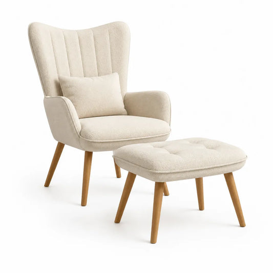 Poltrona relax con poggiapiedi in poliestere boucle crema schienale alto 72 x 84 x 103 cm