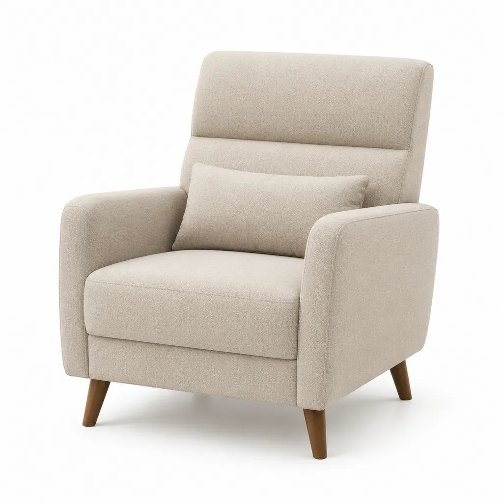 Poltrona da soggiorno con schienale alto in poliestere beige con gambe in legno massello 82 x 88 x 102 cm