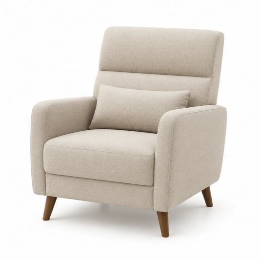 Poltrona da soggiorno con schienale alto in poliestere beige con gambe in legno massello 82 x 88 x 102 cm