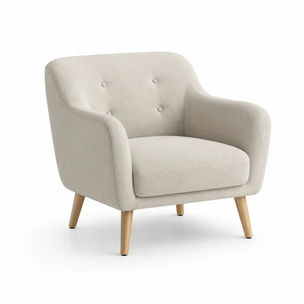 Poltrona imbottita con braccioli in poliestere beige con gambe in legno massello 77 x 73 x 84 cm