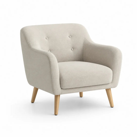 Poltrona imbottita con braccioli in poliestere beige con gambe in legno massello 77 x 73 x 84 cm