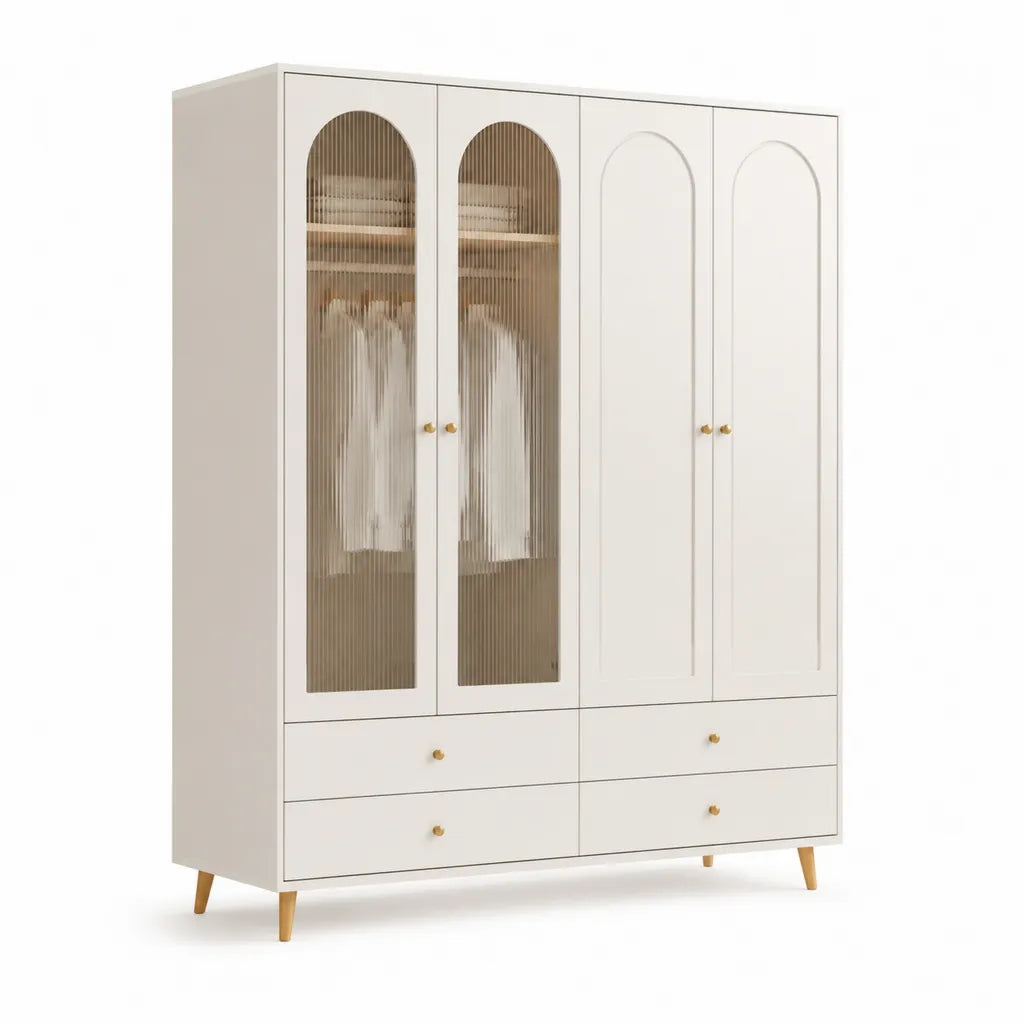 Armadio guardaroba 4 ante 4 cassetti con ante ad arco in pannello truciolare nobilitato bianco vetro temprato rigato 160 x 55 x 200 cm
