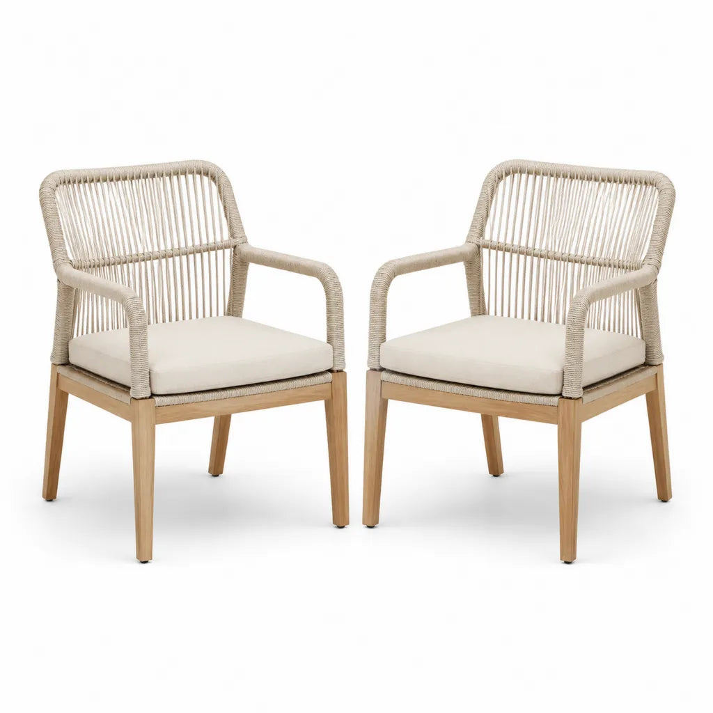 Set di 2 sedie da giardino con braccioli in legno massello di acacia e corda in polipropilene beige 58 x 60 x 78 cm