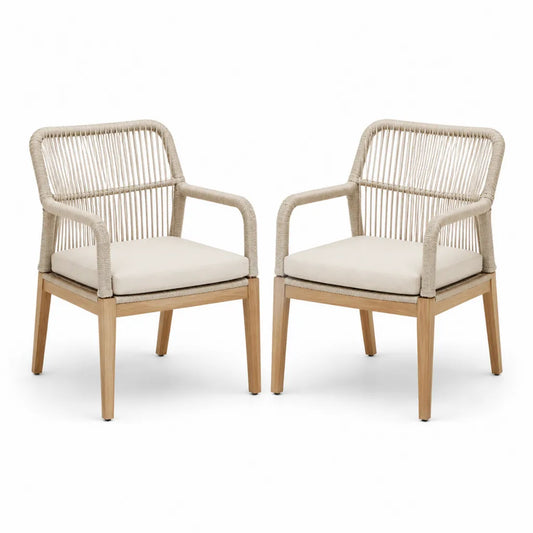 Set di 2 sedie da giardino con braccioli in legno massello di acacia e corda in polipropilene beige 58 x 60 x 78 cm