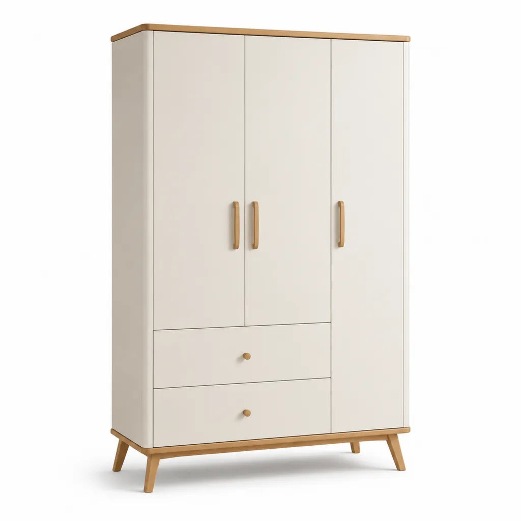 Armadio guardaroba 3 ante con 2 cassetti in pannello truciolare bianco e effetto rovere 120 x 52 x 190 cm