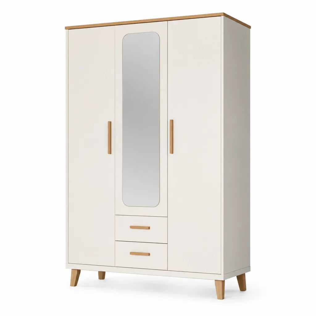 Armadio guardaroba rettangolare 3 ante con specchio e 2 cassetti in truciolare melaminico bianco e rovere 120 x 52 x 190 cm