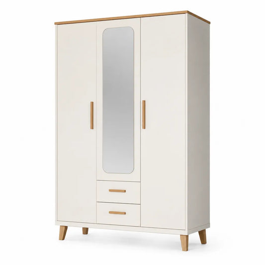 Armadio guardaroba rettangolare 3 ante con specchio e 2 cassetti in truciolare melaminico bianco e rovere 120 x 52 x 190 cm