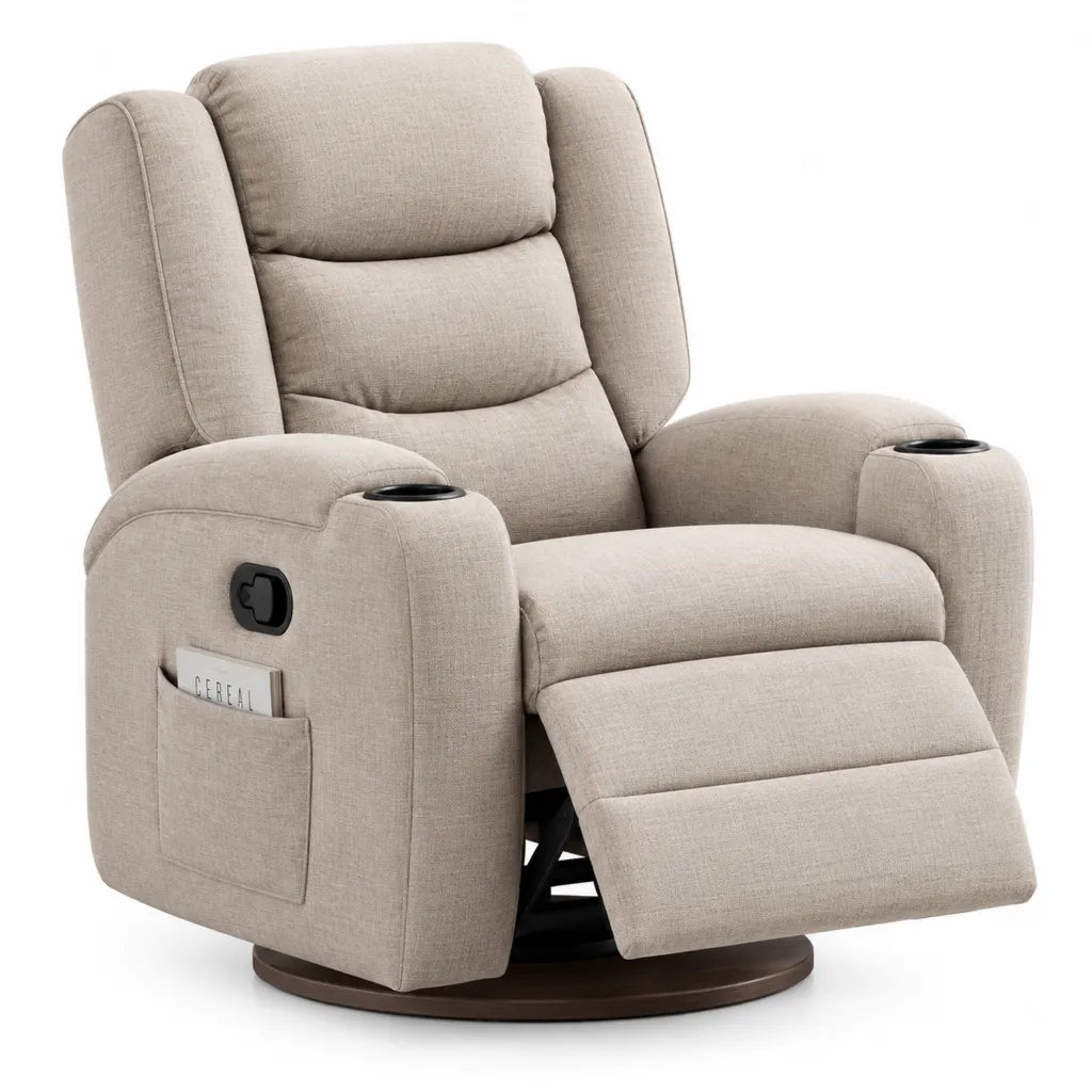 Poltrona reclinabile girevole manuale con portabicchieri in poliestere beige 90 x 95 x 105 cm